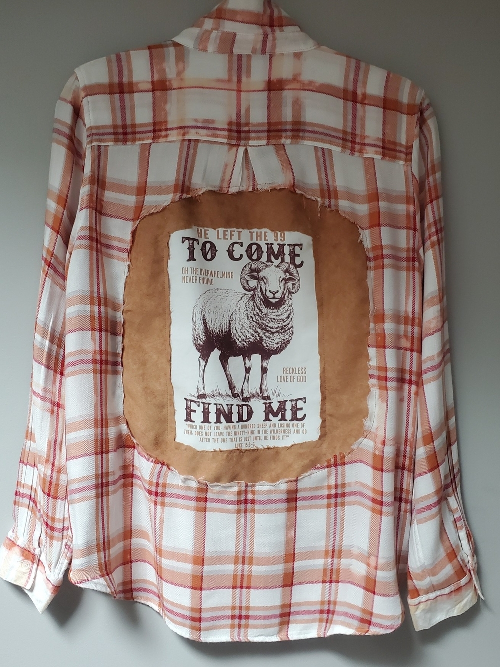 Upcycled Plaid Button-Up Shirt with Ram Graphic Patch - White & Orange